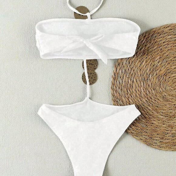 White Casual womens one piece swimsuit with details vacation beach - Picture 5 of 5